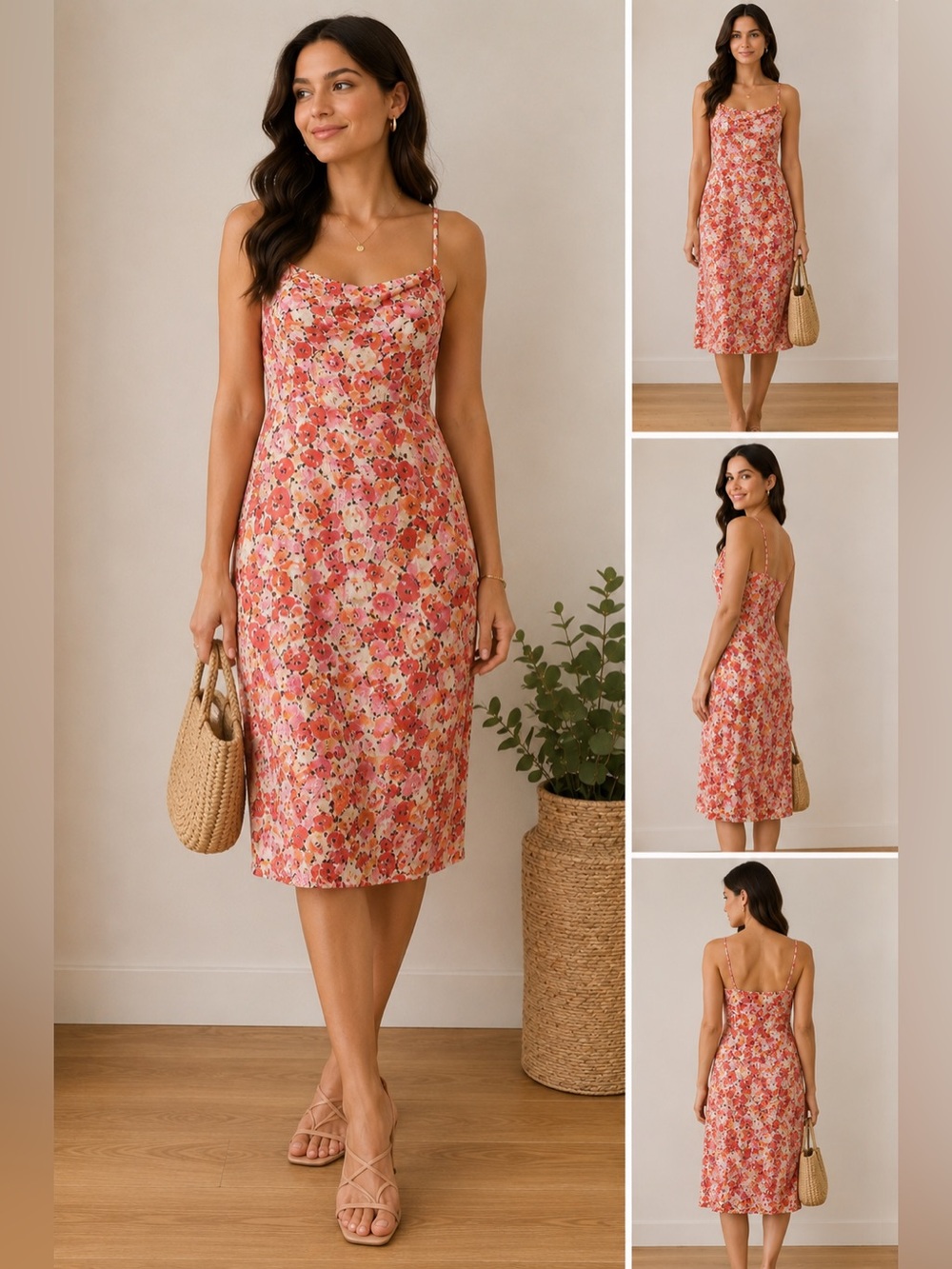 Ann Taylor 100% Silk Floral Slip Dress Pink Orange Size 12 Midi Sleeveless